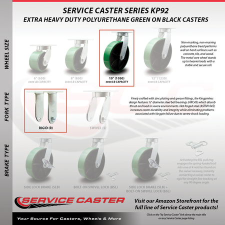 Service Caster 10 Inch Heavy Duty Green Poly on Metal Caster Swivel Lock/Brake 2 Rigid, 2PK SCC-KP92S1030-PUR-GB-SLB-BSL-2-R-2